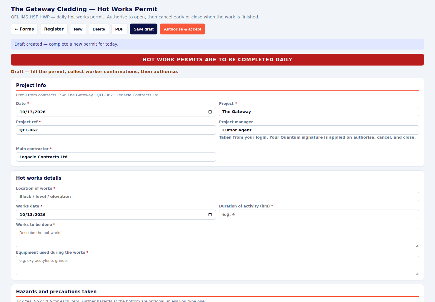 Hot works permit header stating permits are completed daily