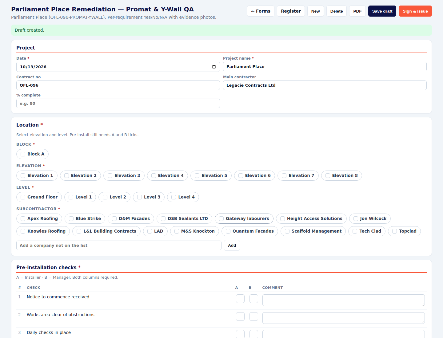 Parliament Place Promat and Y-Wall QA form